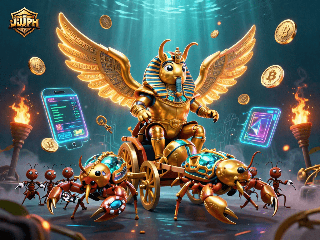 Experience JJJPH gaming with a colossal scarab beetle commanding a vibrant casino scene.
