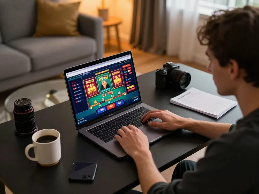 Engaged user on nhacaiuytinn platform strategizing online poker gameplay at modern desk.