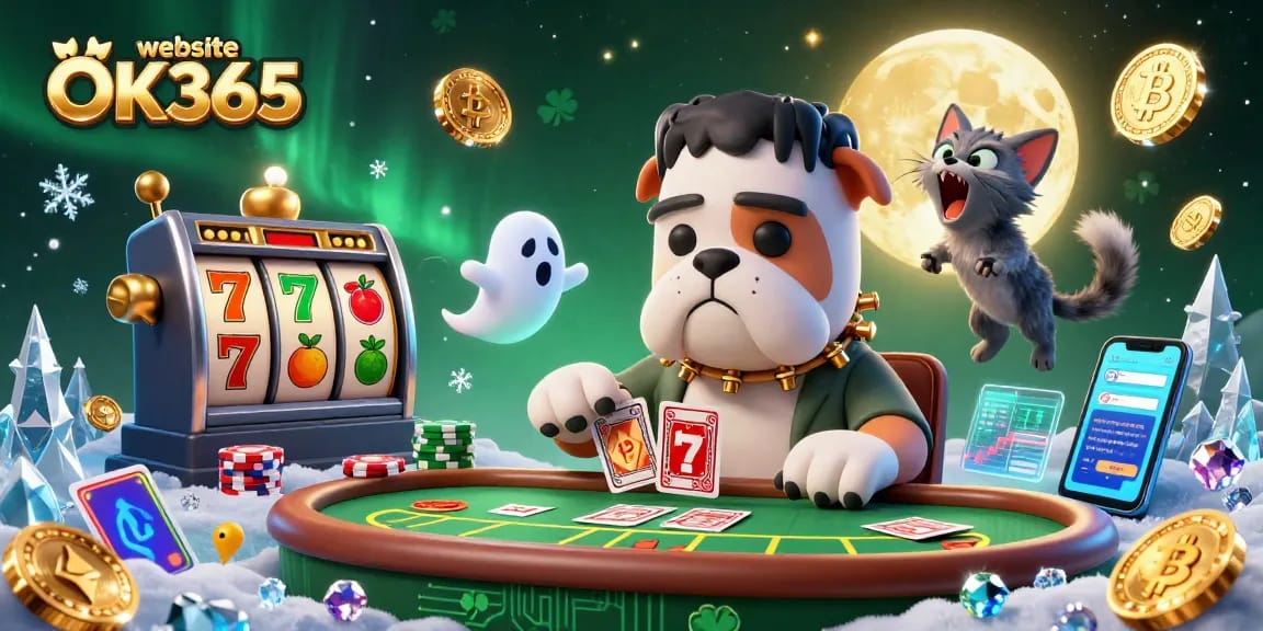 Engaging scene showcasing the website OK365 where a Frankenstein monster deals cards at a lively casino table.