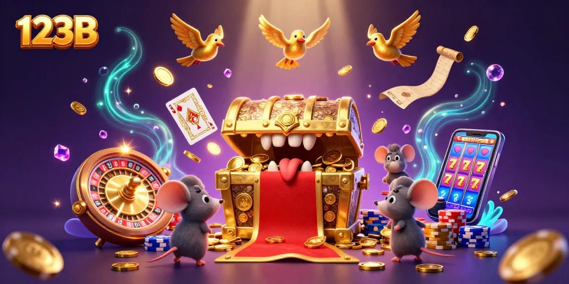 Discover exciting gameplay at 123B with vibrant treasures, golden coins, and animated casino elements.