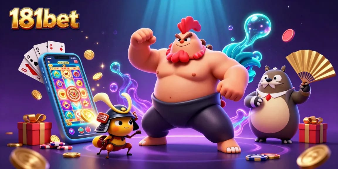 Spin reels and win with 181bet featuring a powerful sumo wrestler and samurai cricket.