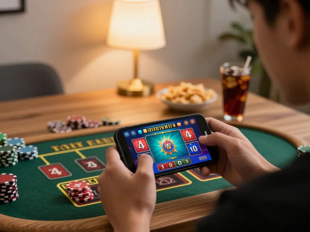 Engaging gameplay on abc8go mobile platform, showing betting actions in a cozy home setup.