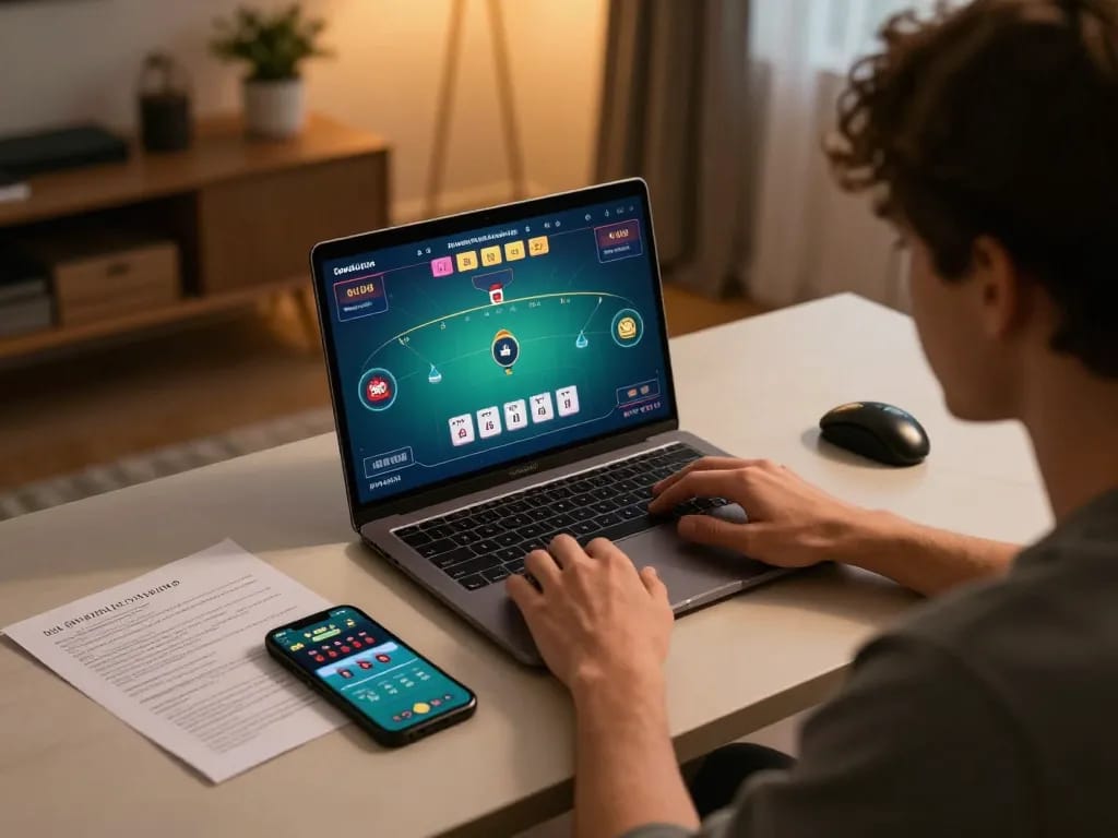 Player engaging in online blackjack gameplay at https://tr88.bio/ from a home desk, showcasing strategic notes and a betting app.