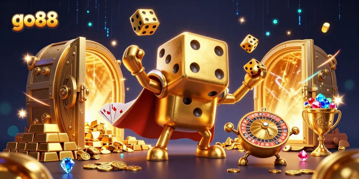 Go88 players enjoy dynamic gameplay surrounded by gold treasures and vibrant gaming elements.