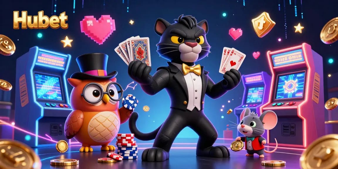 Engage in thrilling gameplay at Hubet with stylish characters dealing cards among vibrant casino elements.