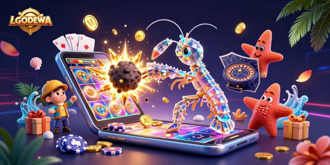 Spin to win big with LGODEWA in this energetic 3D casino scene filled with vibrant gaming elements.