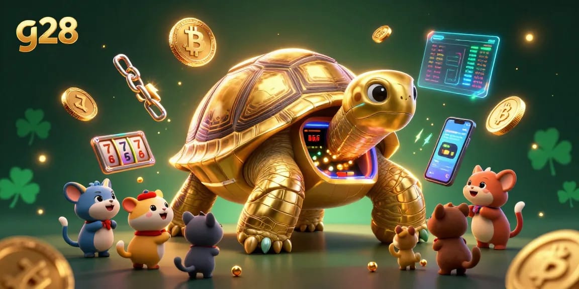 Experience thrilling crypto slots with g28's vibrant 3D illustration showcasing fun casino elements.