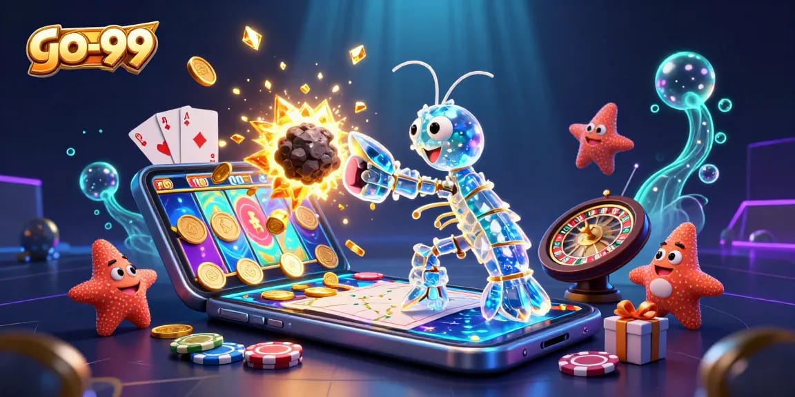 Engage with go-99 using slots and cosmic elements in a vibrant 3D illustration.