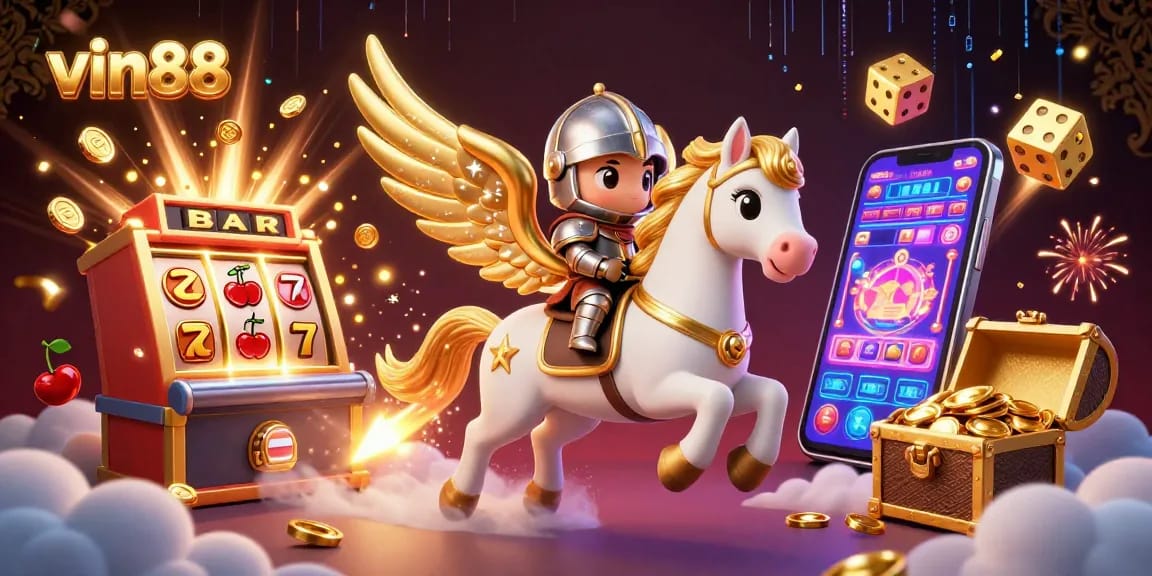 Experience thrilling wins with vin88's dynamic 3D cartoon gambling illustration, showcasing epic slots and exciting promotions.