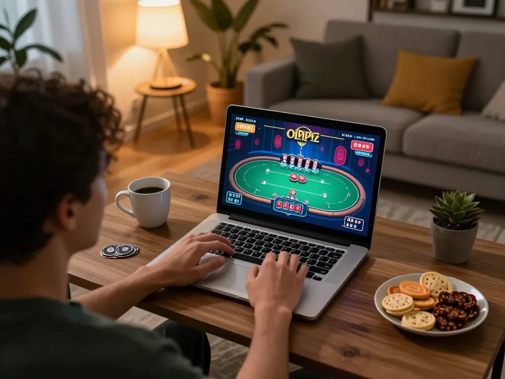Engaged player exploring online gambling options at GG88 on a laptop in a cozy home