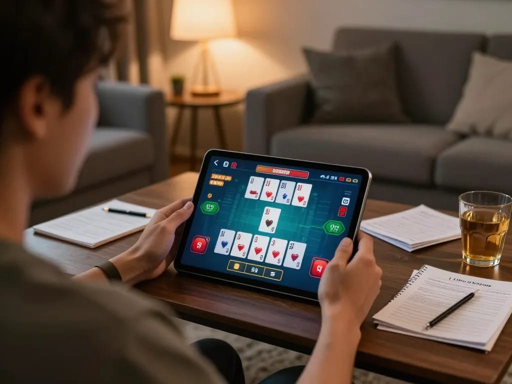 Player engaging in online blackjack at home via f168 tablet, showcasing betting options and strategic notes.