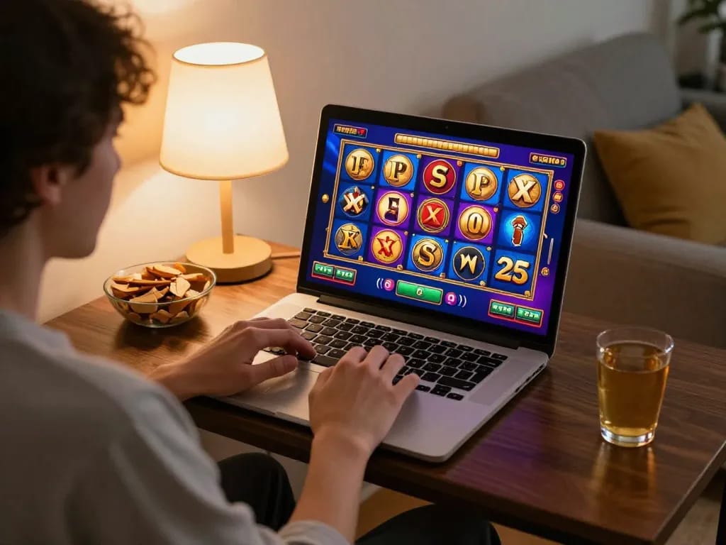 Engaging gameplay on Slot x500 displayed on a laptop in a cozy home setting, showcasing online gambling excitement.