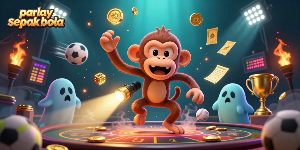 Engage in thrilling parlay sepak bola action with a dynamic sports-themed 3D illustration showcasing casino elements.