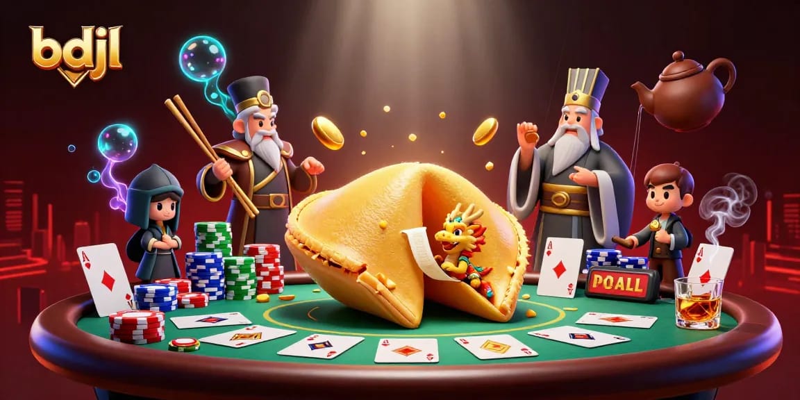 Engage with bdjl's lively 3D casino scene featuring a wise dragon, golden fortune cookie, and poker elements.