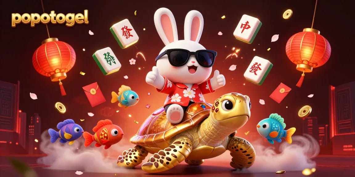 Play popotogel in an exciting scene featuring a cartoon rabbit and golden turtle amidst festive elements.