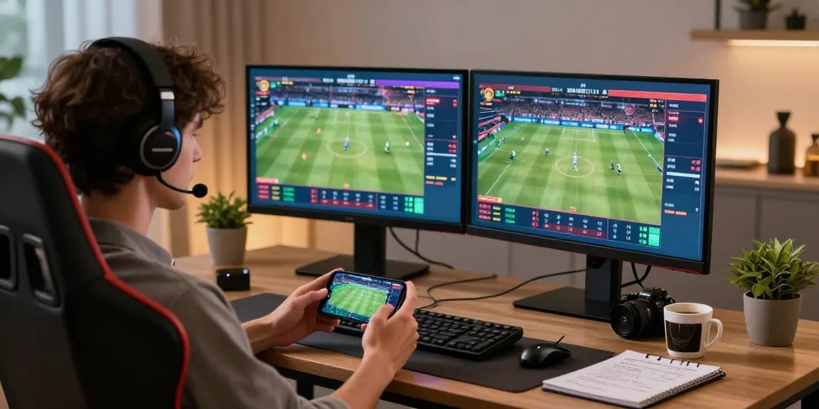 LUCK8 user enjoying live betting in a modern gaming setup with dual monitors.