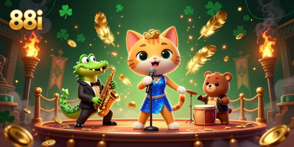 Experience 88i's sparkling online casino ambiance with a jazz-singer cat and vibrant game elements.