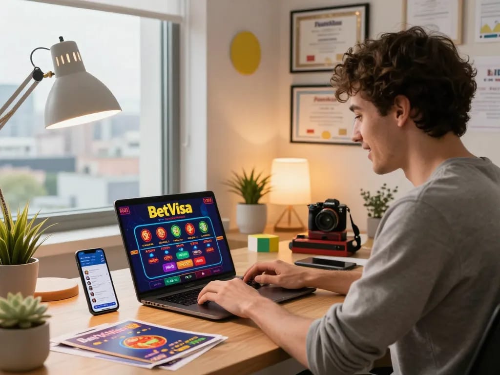 Content creator promoting BetVisa affiliate program in a vibrant home office
