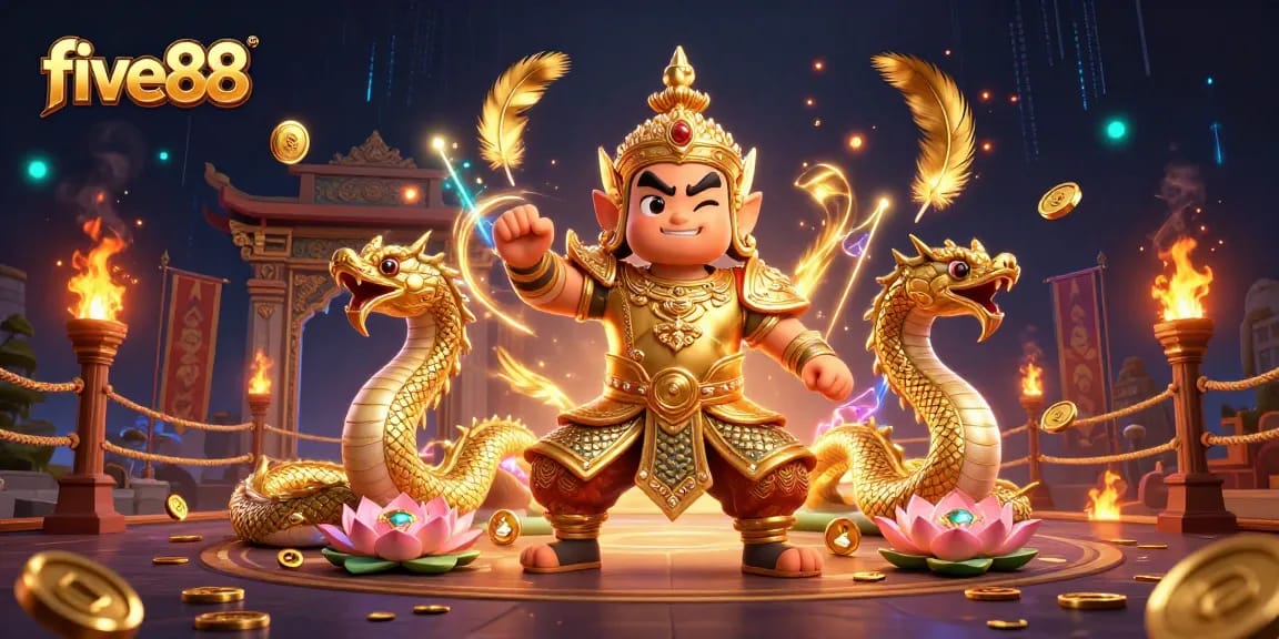 Experience five88 excitement with a dynamic 3D scene showcasing vibrant casino activity and mythical guardians.