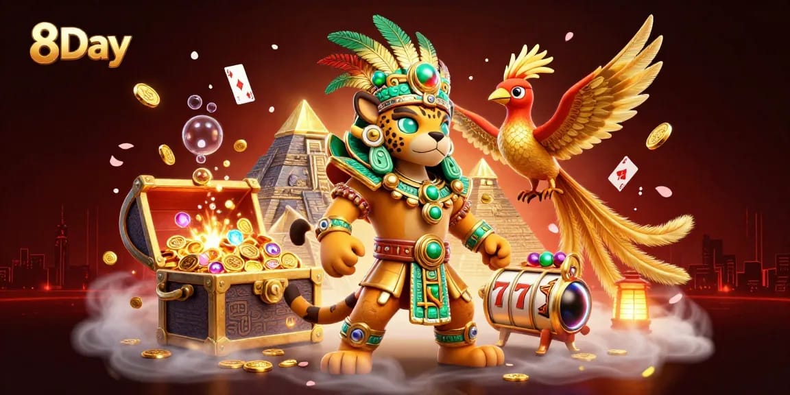 Experience the excitement of 8Day with vibrant slot games, dynamic characters, and dazzling treasures.