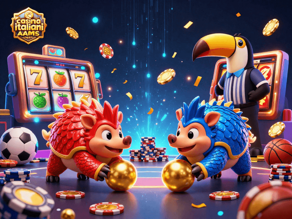 Gioca ai casino italiani non AAMS con 2 pangolini rivali che rotolano su gettoni e premi d'oro.