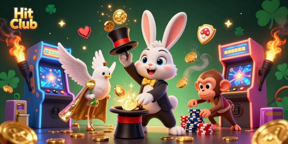 Hit club features a magical rabbit, dove, and monkey in a lively casino scene.