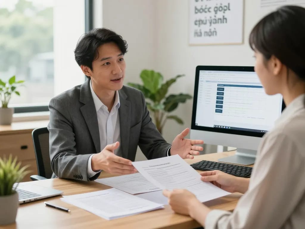 Bóc giấy ép uy tín hà nội service consultation in a bright, professional office.