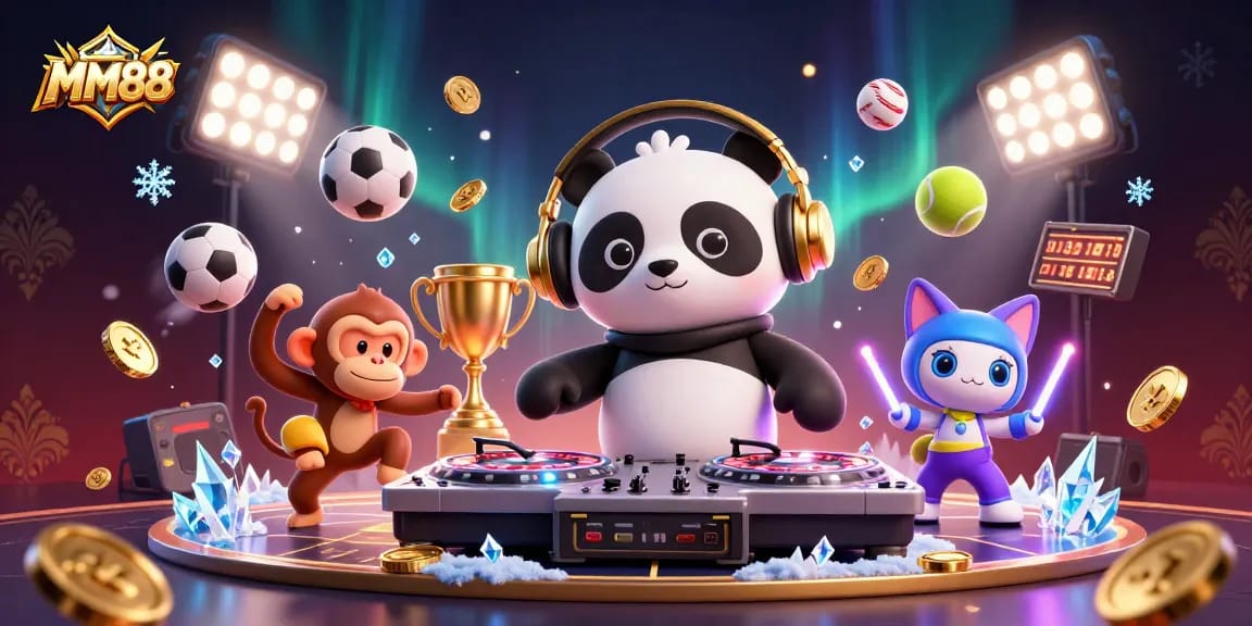 Experience the excitement of MM88 with dynamic characters and engaging elements swirling in a vibrant casino atmosphere.