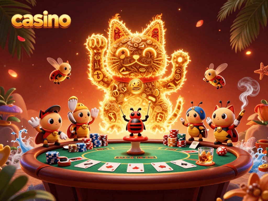 Engage in a vibrant casino scene with a giant lucky cat and poker elements.