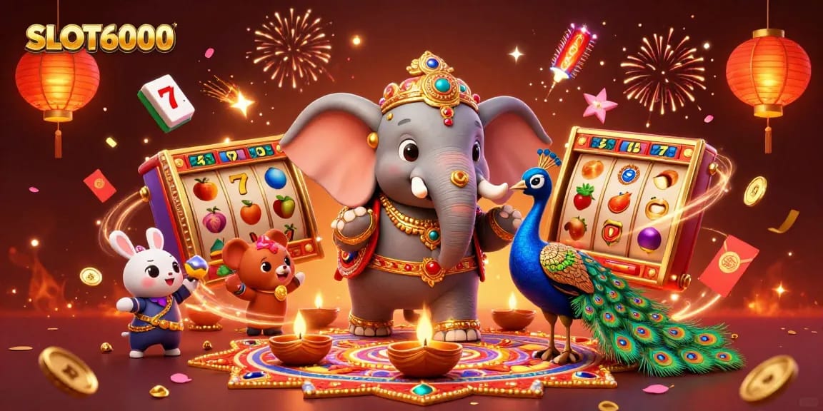 SLOT6000 brings thrilling slots alive with vibrant characters and game symbols in an exciting scene.