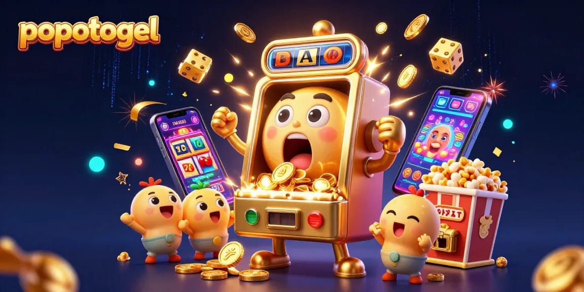 Popotogel slot machine celebrates a jackpot with coins pouring, vibrant casino elements surrounding