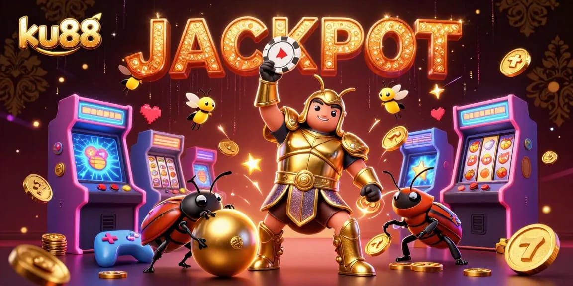 ku88 Jackpot scene with a heroic beetle lifting a chip and vibrant gaming elements