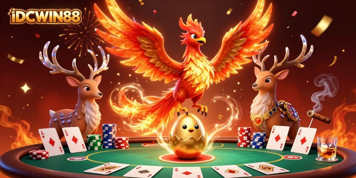Experience thrilling gameplay with IDCWIN88 as a phoenix rises amidst poker excitement and vibrant confetti.