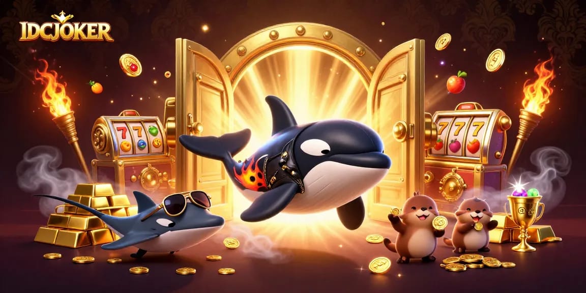 IDCJOKER captures players' excitement with a dynamic scene of cartoon sea characters celebrating casino wins.