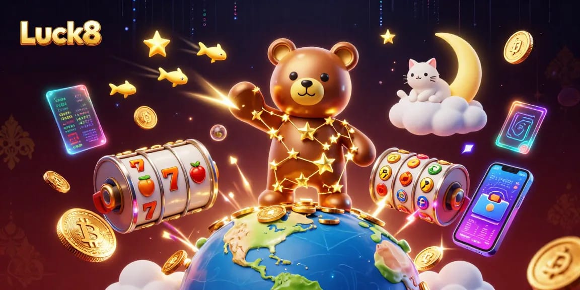 Bet on Luck8 with thrilling slot games animated by a constellation bear and cosmic elements.