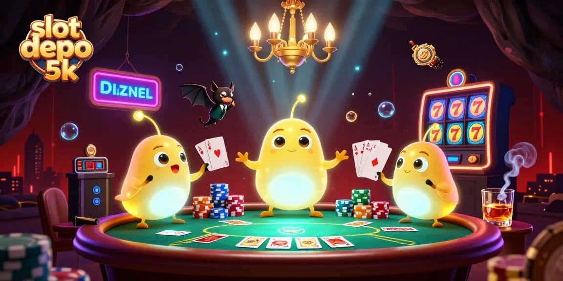 Play slot depo 5k with a vibrant scene of glowworms illuminating a lively casino atmosphere.