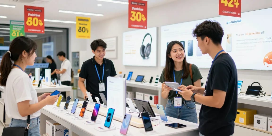 Happy customer exploring rokok88 electronic products in a vibrant retail environment.