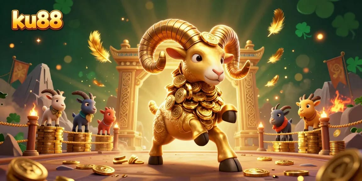 ku88 showcases a golden ram charging through a casino-themed scene filled with vibrant elements
