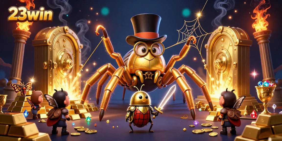 Experience the excitement of winning at 23win with a vibrant casino-themed illustration featuring colorful characters and treasures.