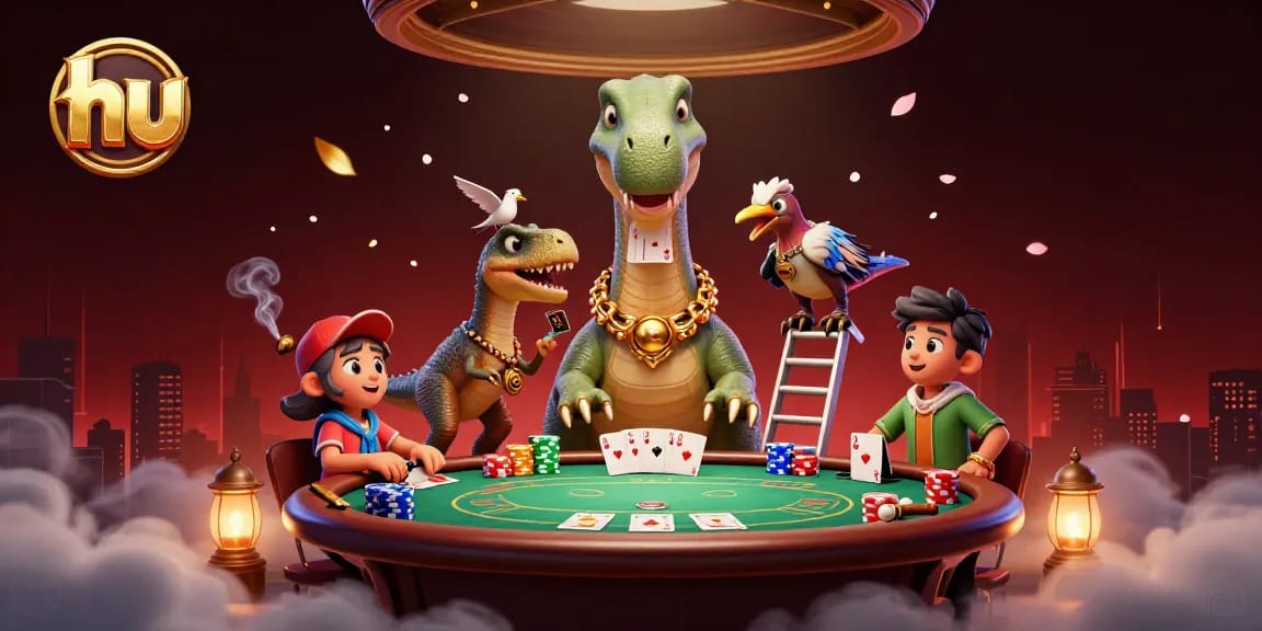 Engage at hu’s dynamic poker scene featuring a giant brontosaurus and clever raptor dealer.