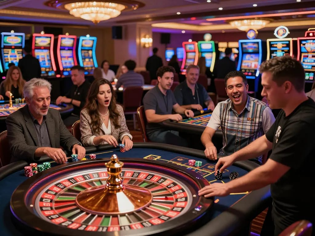 Players engaging in a dynamic roulette game at KJC casino, showcasing strategic bets and excitement.