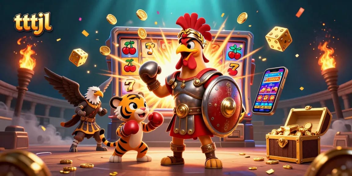 Engage with thrilling slot action at tttjl featuring a 3D gladiator rooster in an exciting casino scene.