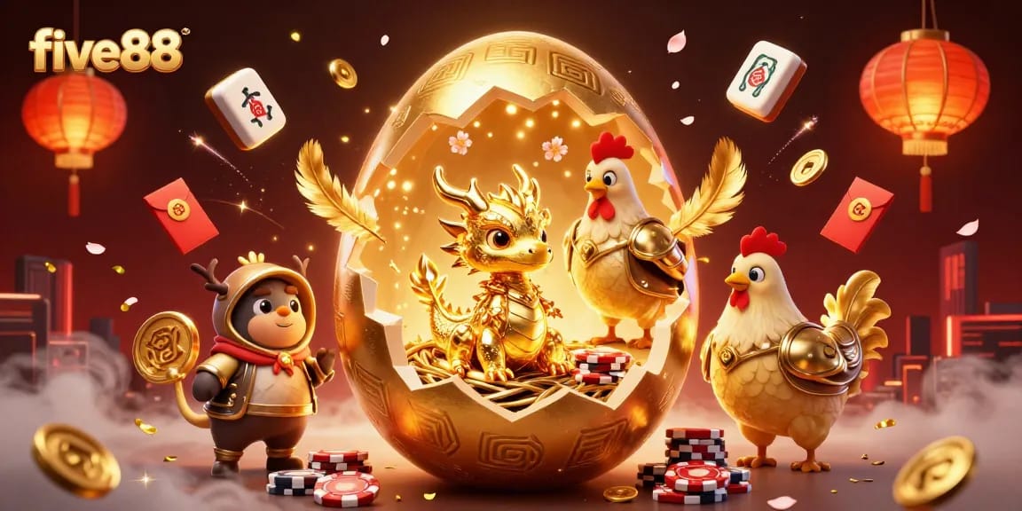 Experience excitement with five88 as a golden dragon emerges from a nest of poker chips.