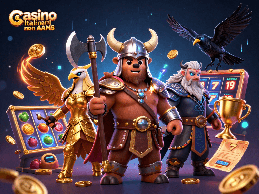 Immagine di un casinò online con personaggi in stile nordico, evidenziando casino italiani non AAMS con elementi di gioco come slot e monete d'oro.