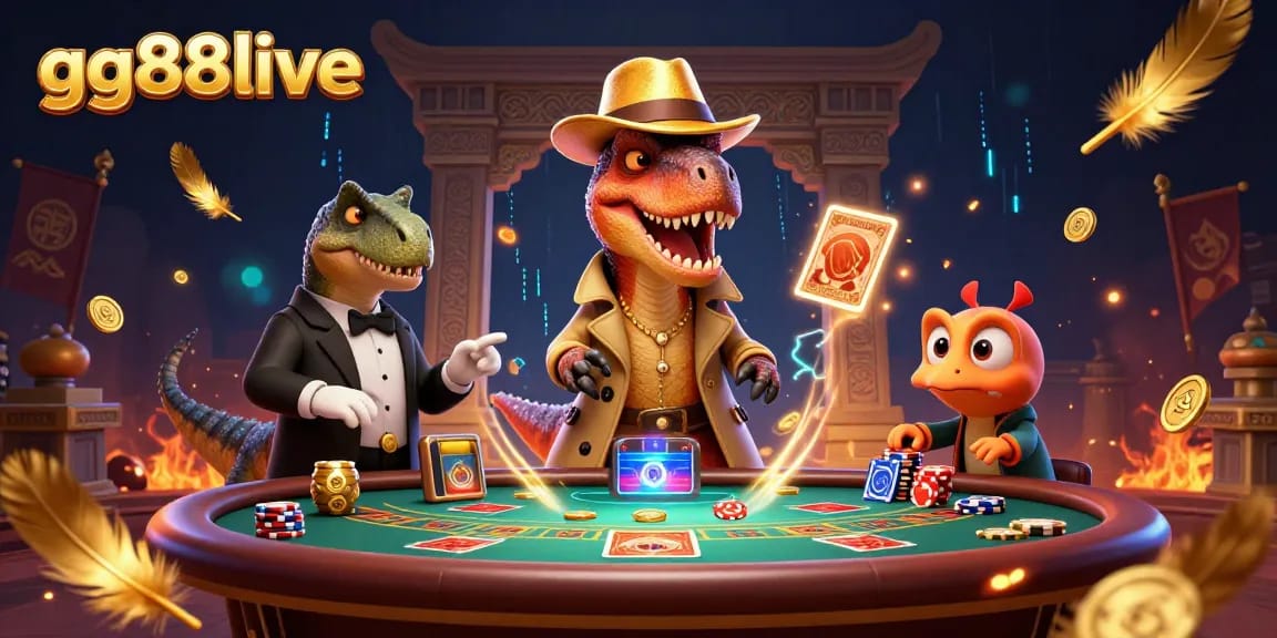 Engaging gg88live scene with a velociraptor card counter at a blackjack table, highlighted by lively gaming elements.