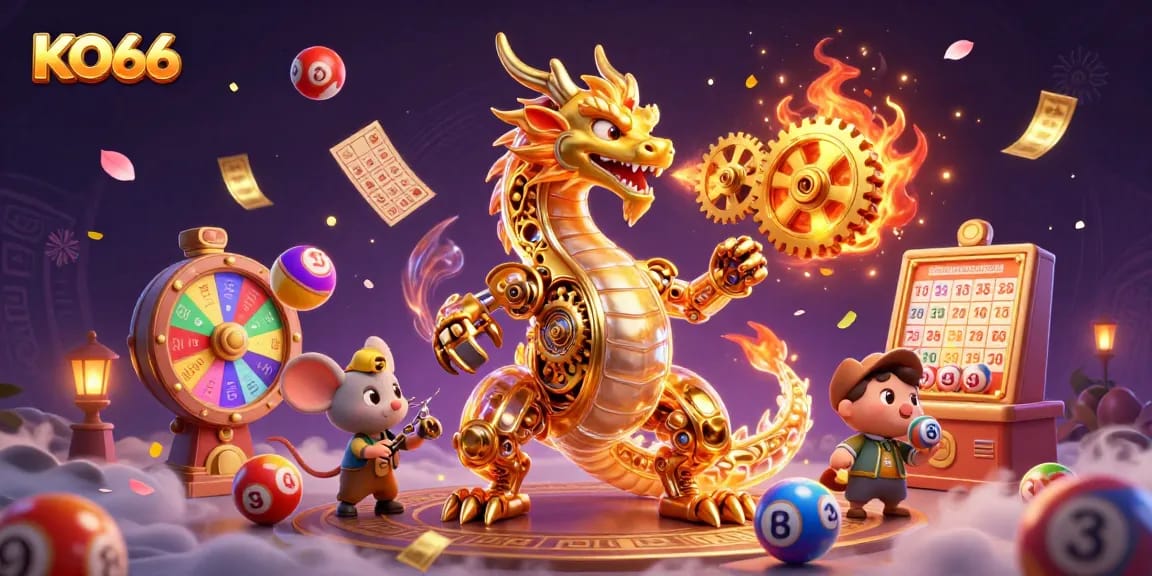 Unleash the fun with KO66's vibrant lottery-themed casino scene featuring dynamic game elements.