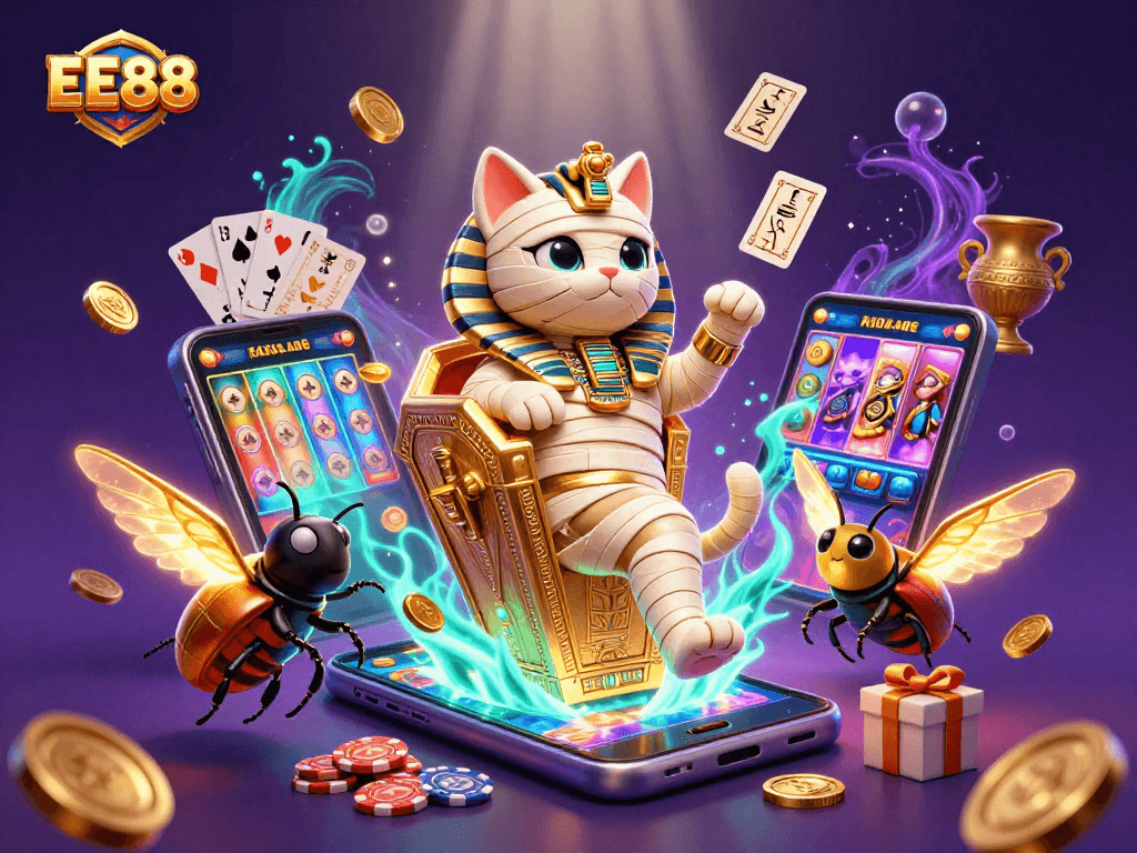Play exciting games at EE88 with a unique 3D casino adventure featuring a mummy cat and golden scarab.