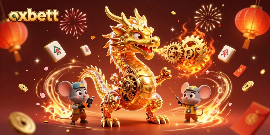 Entertain with oxbett's vibrant casino experience featuring a golden dragon and festive elements.