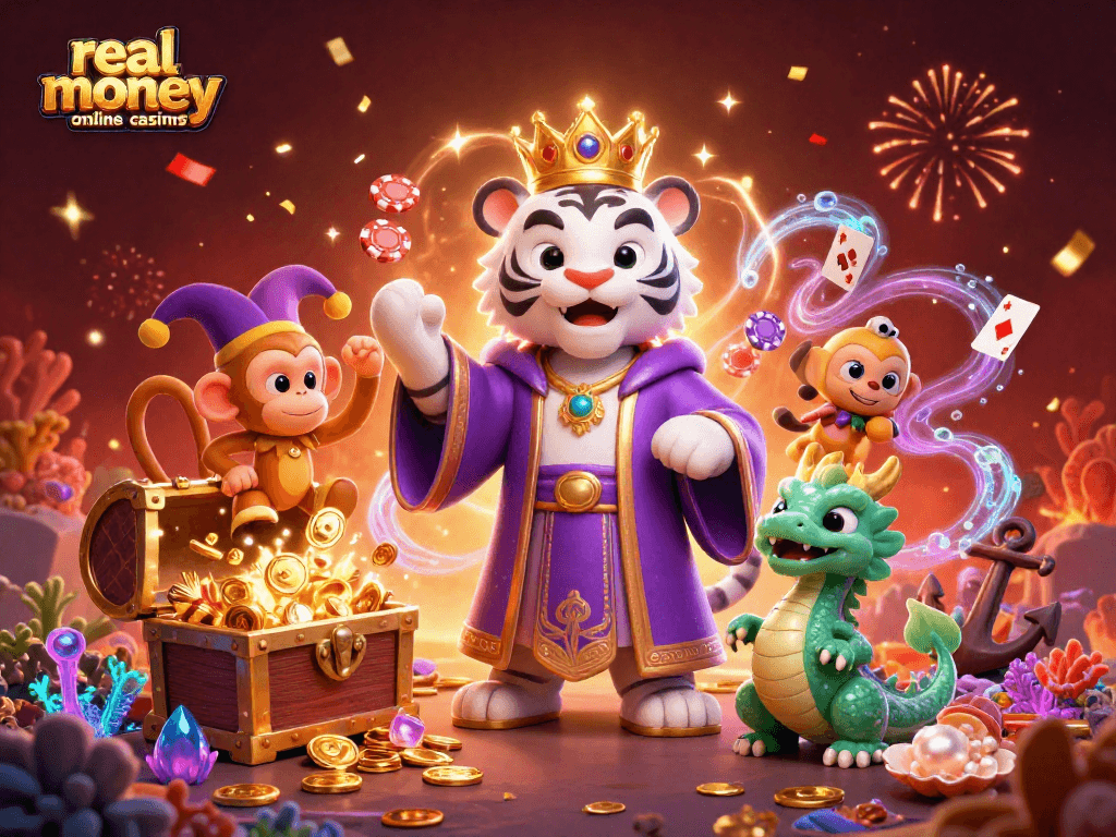 Experience the thrill of real money online casinos with vibrant 3D illustration featuring a tiger and jester monkey.