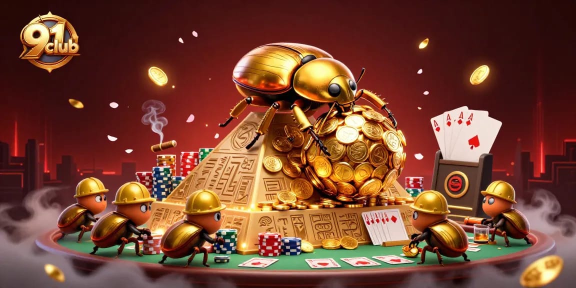 Experience thrilling gameplay at 91club as a golden beetle rolls coins amid vibrant casino elements.